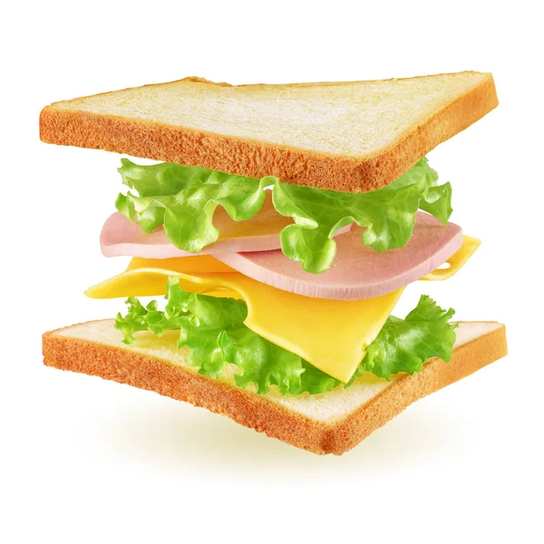 Sandwich Cuadrado Volador Con Tostadas Jamón Queso Lechuga Aislados Sobre — Foto de Stock