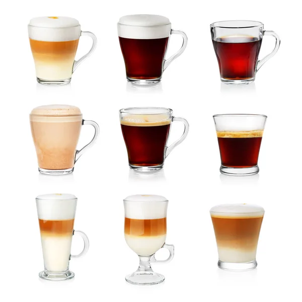 Diversi Tipi Caffè Isolati Bianco Menù Caffè Set Tazze Diverse — Foto Stock