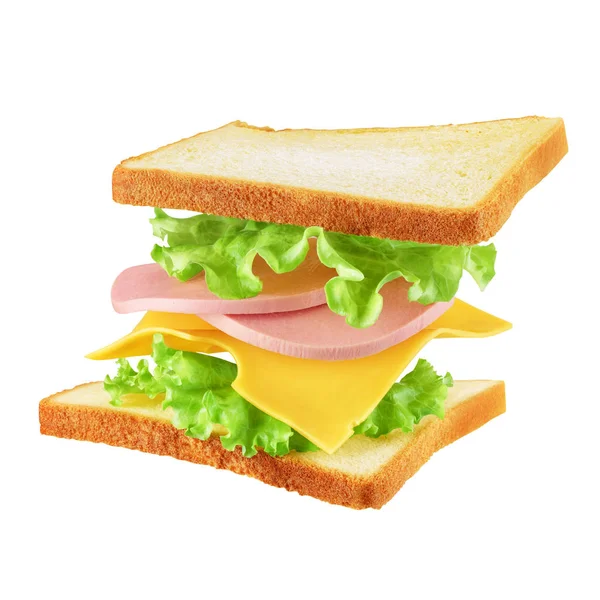 Sandwich Cuadrado Volador Con Tostadas Jamón Queso Lechuga Aislados Sobre —  Fotos de Stock