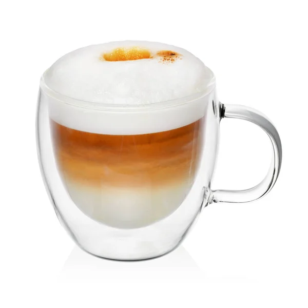 白い背景に分離されたカプチーノ コーヒーとミルクの泡と透明カップ — ストック写真