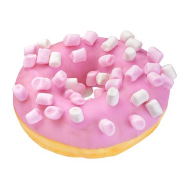 Beyaz arka planda izole edilmiş lokum parçacıkları serpiştirilmiş pembe çörek.