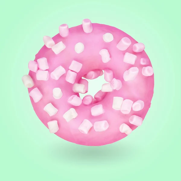 Rosado Donut Con Malvavisco Espolvorea Sobre Fondo Verde — Foto de Stock