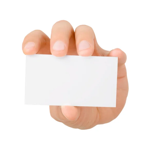 Homens Mão Segurando Vazio Cartão Visita Branco Isolado Fundo Branco — Fotografia de Stock
