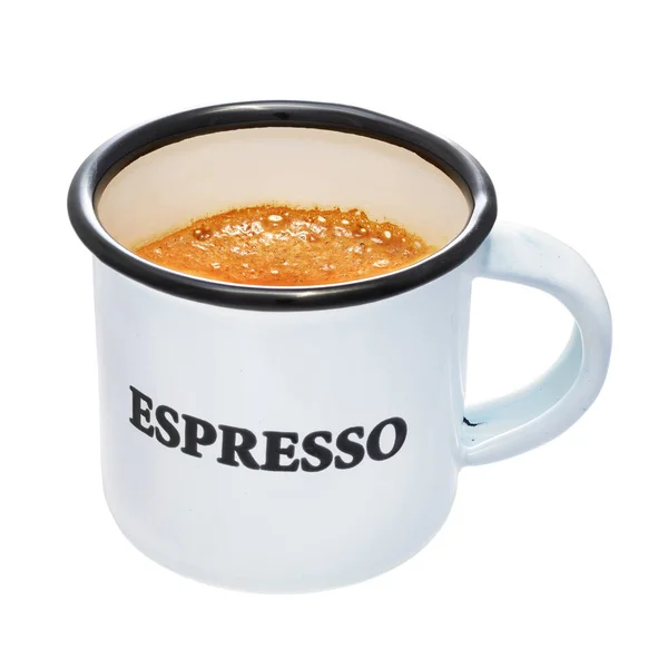 Gammaldags Små Emalj Kopp Med Espressokaffe Isolerad Vit Bakgrund — Stockfoto