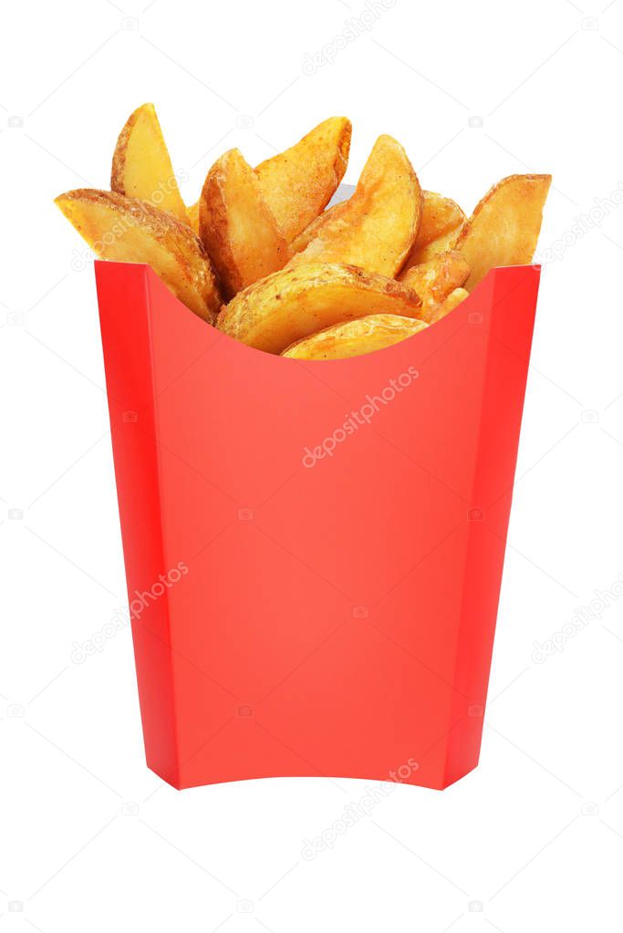Fried potato wedges in red take out box isolated on white background
