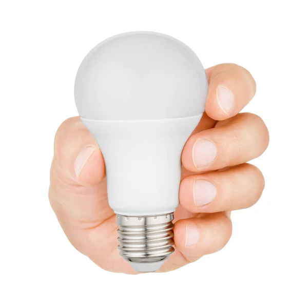 Hand Holding Plastic Led Light Bulb Isolated White Background — Stock Photo, Image