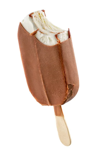 Bitten Vanilla Ice Cream Popsicle Covered Chocolate Isolated White Background — Stock Photo, Image