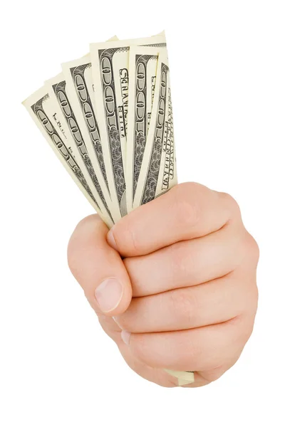 Hand Met Honderd Dollar Bills Fan Geïsoleerd Witte Achtergrond — Stockfoto