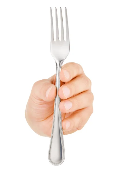 Hand Holding Giving Metal Fork Isolated White Background — Stock Photo, Image