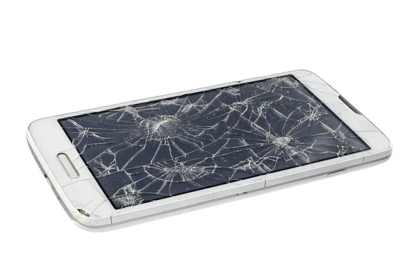 Smartphone rotto isolato su sfondo bianco — Foto Stock