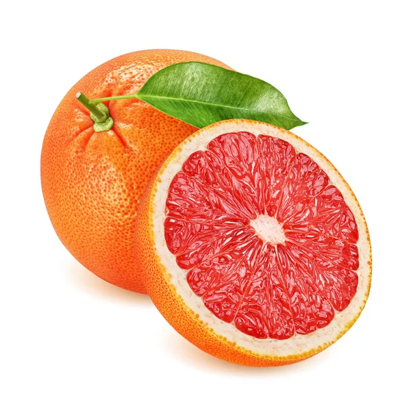 Grapefruit met blad geheel en gehalveerd geïsoleerd — Stockfoto