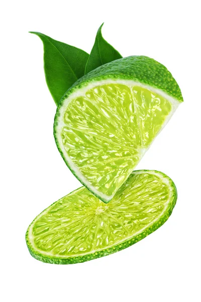 Two slices of lime with leaves isolated on white — Stock Photo, Image