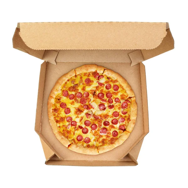 Pepperoni Pizza Braunem Wellpappe Take Out Box Isoliert Auf Weißem — Stockfoto