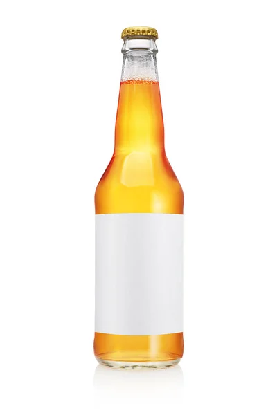 Frasco Cerveja Transparente Com Pescoço Comprido Rótulo Branco Isolado Sobre — Fotografia de Stock