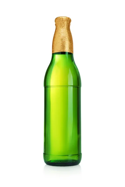 Bier Fles Met Gouden Folie Top Zonder Label Geïsoleerd Witte — Stockfoto