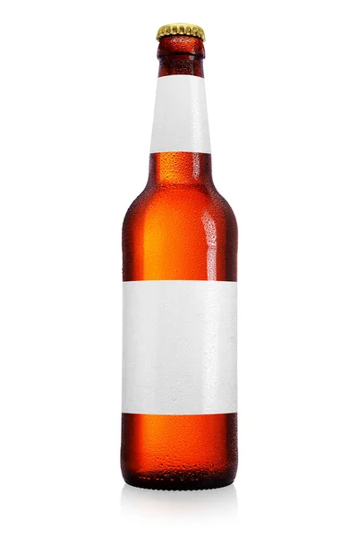 Frasco Cerveja Marrom Com Pescoço Longo Isolado Fundo Branco Etiqueta — Fotografia de Stock