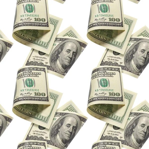 Yüzlerce Dolarlık Banknotlar Beyaz Arka Planda Izole Edilmiş Kusursuz Kalıp — Stok fotoğraf