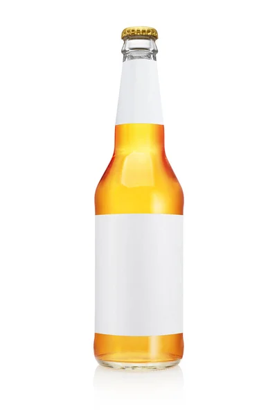 Прозрачная Желтая Бутылка Пива Длинной Шеей Пустой Этикеткой Белом Фоне — стоковое фото