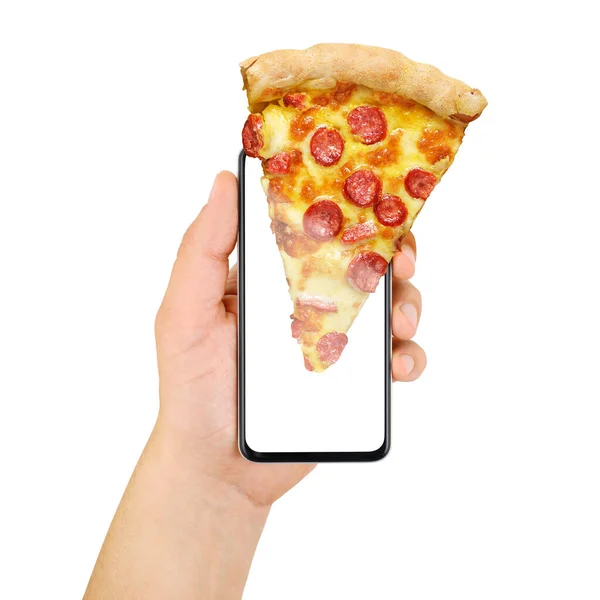 Hand Holding Smartphone Slice Pepperoni Pizza Screen Isolated White Online — Stock Photo, Image