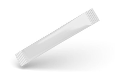 Beyaz arkaplanda izole edilmiş boş bir beyaz şeker kesesi paketi. 3B görüntüleme.