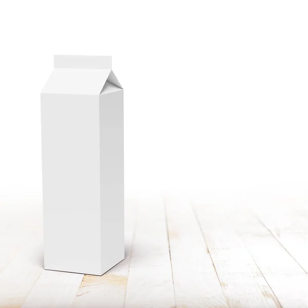 Verpackungsbox Für Milch Oder Saft Auf Weißem Holztisch Rendering Attrappe — Stockfoto