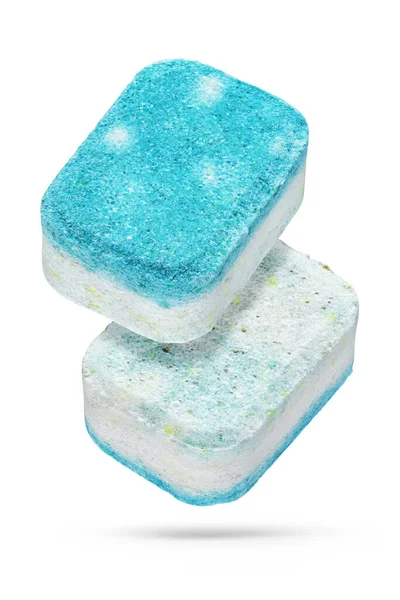 Dos Tabletas Detergente Para Lavavajillas Aisladas Sobre Fondo Blanco Con —  Fotos de Stock