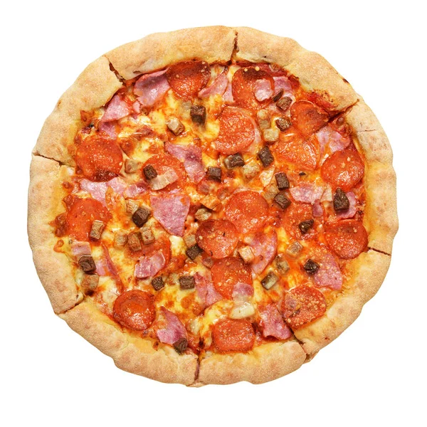 Pizza Brânză Mozzarella Șuncă Ceapă Slănină Roșii Pepperoni Izolate Fundal — Fotografie, imagine de stoc