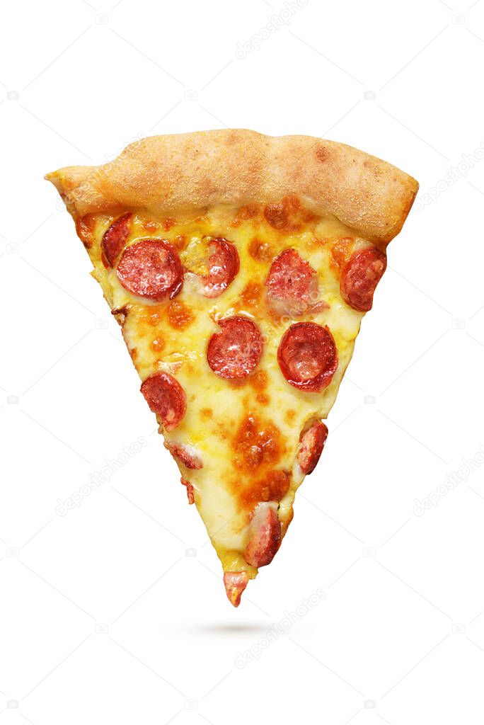 Piece of Pepperoni pizza with sausages, tomato sauce and cheese isolated on white background.