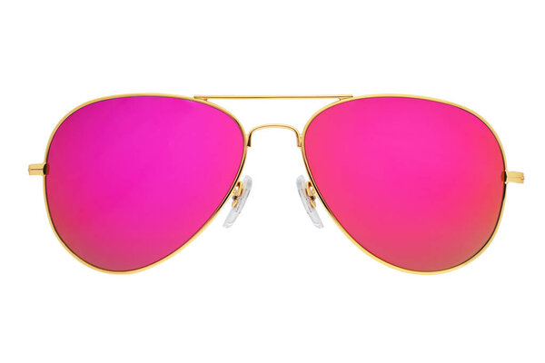 Pink mirror aviator sunglasses with golden frame isolated on white background