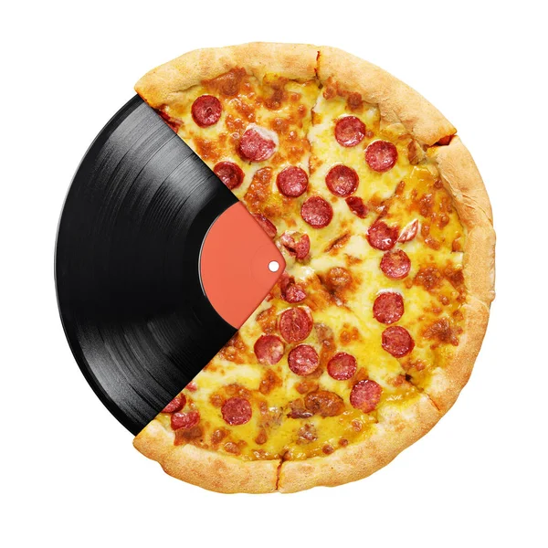 Pepperoni Pizza Vinyl Rekord Izolált Fehér Alapon — Stock Fotó