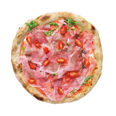 Arugula-prosciutto italyan pizzası beyaz arka planda izole edilmiş..