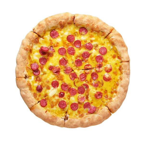 Pizza Con Salchichas Pepperoni Salsa Curry Queso Aislado Sobre Fondo —  Fotos de Stock