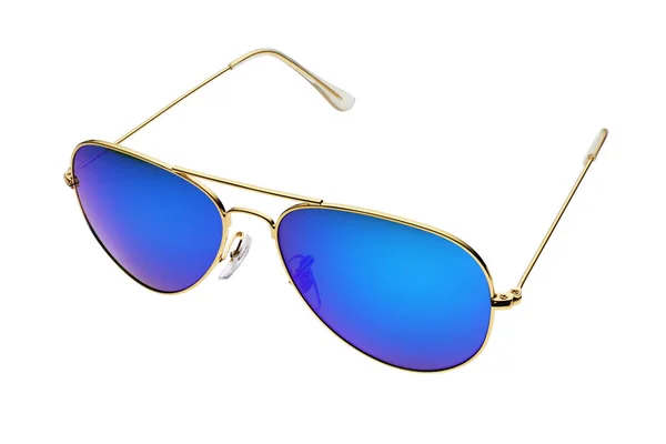 Blue Mirror Aviator Sunglasses Golden Frame Isolated White Background Side — Stock Photo, Image