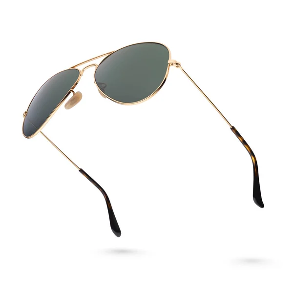 Classic Aviator Sunglasses Golden Frame Isolated White Background Side View — Stock Photo, Image