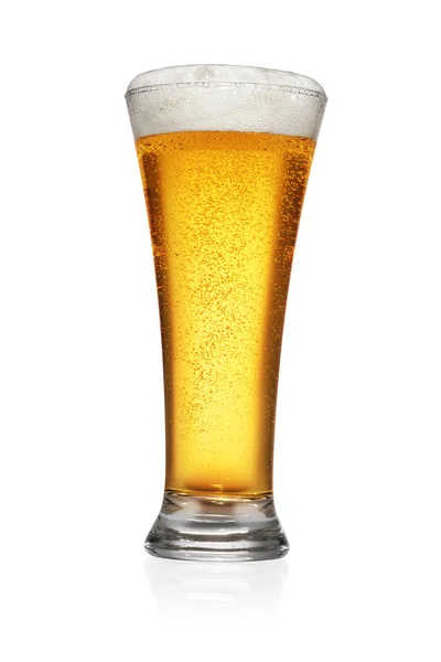 Πλήρες Ποτήρι Ανοιχτόχρωμης Κίτρινης Μπύρας Που Απομονώνεται Λευκό Φόντο — Φωτογραφία Αρχείου