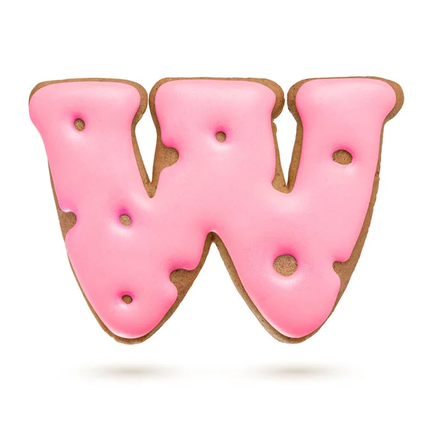 大写字母W Pink姜饼饼干 白色背景分离 圣诞装饰 — 图库照片