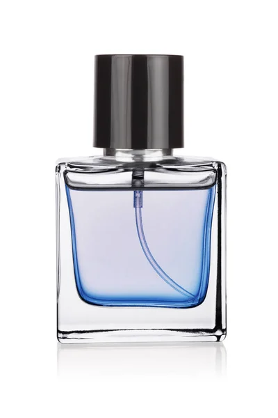 白い背景に隔離されたブルー香水のエレガントな透明ボトル — ストック写真