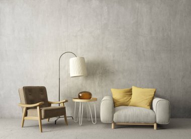 Modern oturma odası koltuk ve lamba ile. İskandinav iç tasarım mobilya. 3D render illüstrasyon