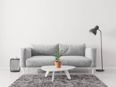 Kanepesi ve lambası olan modern oturma odası. İskandinav iç dizayn mobilyası. 3d resimleme