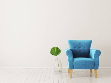 mavi koltuk modern oturma odası. İskandinav iç tasarım mobilya. 3D render illüstrasyon