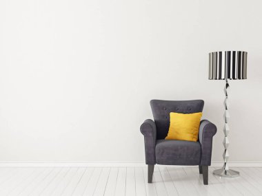 Modern oturma odası koltuk ve lamba ile. İskandinav iç tasarım mobilya. 3D render illüstrasyon