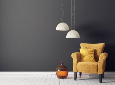 Sarı koltuğu ve lambası olan modern oturma odası. İskandinav iç dizayn mobilyası. 3d resimleme