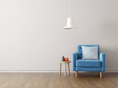 Mavi koltuğu ve lambası olan modern oturma odası. İskandinav iç dizayn mobilyası. 3d resimleme