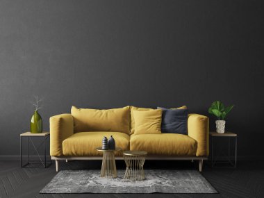 siyah odasında sarı koltuk modern oturma odası. İskandinav iç tasarım mobilya. 3D render illüstrasyon