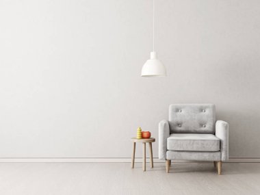 Modern oturma odası koltuk ve lamba ile. İskandinav iç tasarım mobilya. 3D render illüstrasyon