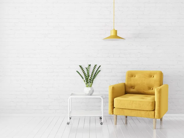 黄色のアームチェアとランプ付きのモダンなリビングルーム 北欧インテリアデザインの家具 3Dレンダリング図 — ストック写真