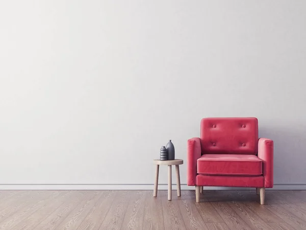 Moderna Sala Estar Con Sillón Rojo Muebles Escandinavos Diseño Interiores —  Fotos de Stock
