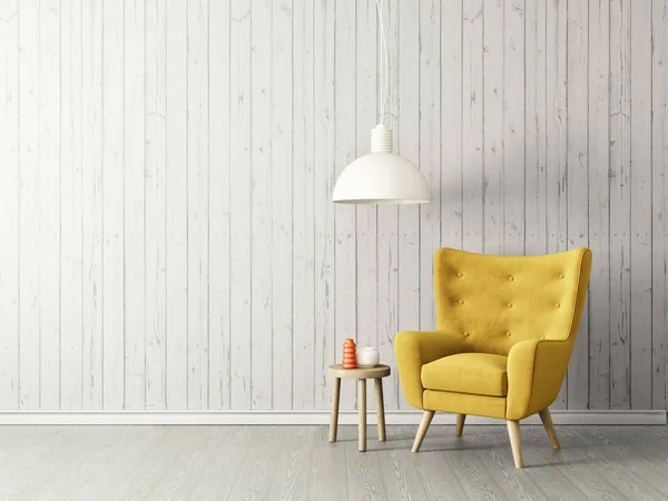 Moderna Sala Estar Con Sillón Amarillo Lámpara Muebles Escandinavos Diseño — Foto de Stock