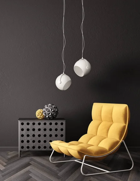 modern living room with yellow armchair and lamps