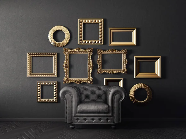 Black Armchair Golden Frames Dark Living Room — Stock Photo, Image